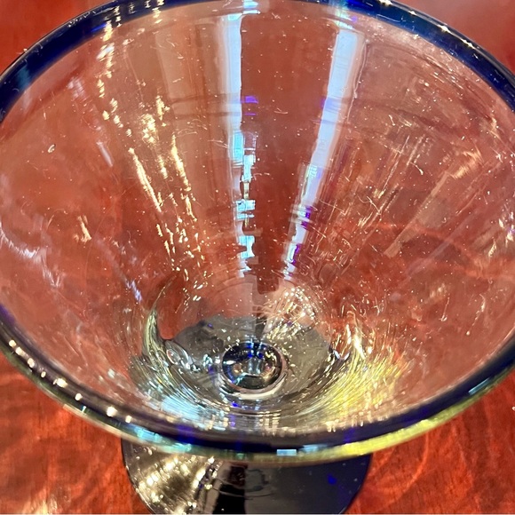 2 Mexican Hand Blown Cocktail Glasses Margarita Martini Blue Rim Recycled Glass - Picture 10 of 12
